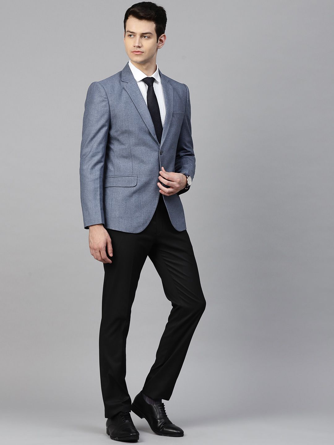 Men Blue Slim Fit Solid Single-Breasted Formal Blazer - Image 2