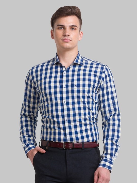 Men Blue Slim Fit Gingham Checks Checked Organic Cotton Formal Shirt