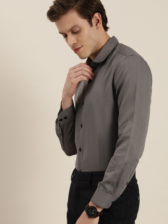 Men Easy Care Grey & Black Self Design Sustainable Formal Shirt