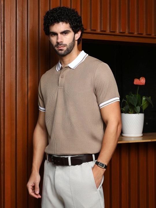 Men Self Design Polo Collar Cotton T-shirt - Image 4