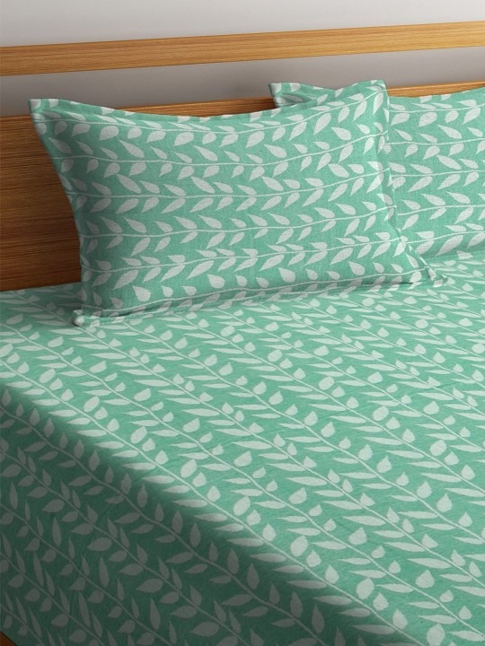 Green & White Printed Cotton Double King Bed Cover - Image 5