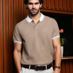 Men Self Design Polo Collar Cotton T-shirt