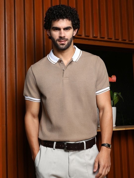 Men Self Design Polo Collar Cotton T-shirt