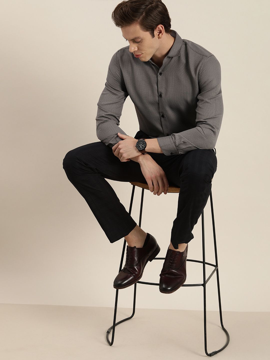 Men Easy Care Grey & Black Self Design Sustainable Formal Shirt - Image 2