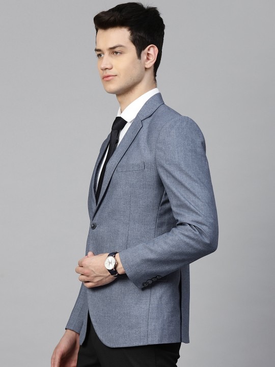 Men Blue Slim Fit Solid Single-Breasted Formal Blazer - Image 4