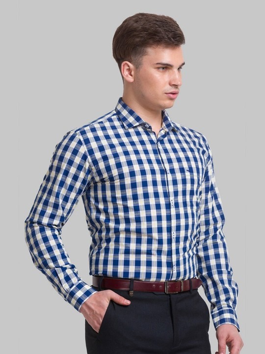 Men Blue Slim Fit Gingham Checks Checked Organic Cotton Formal Shirt - Image 5