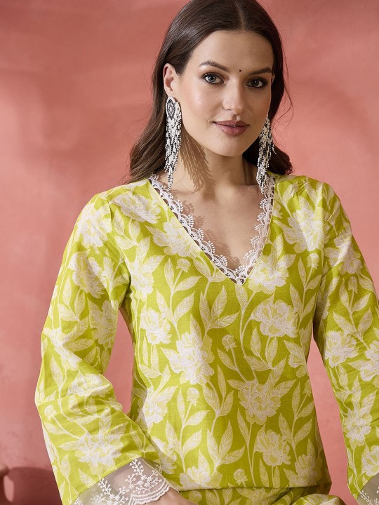 Black Floral Printed V-Neck Thread Work Pure Cotton Straight Kurta - Image 5