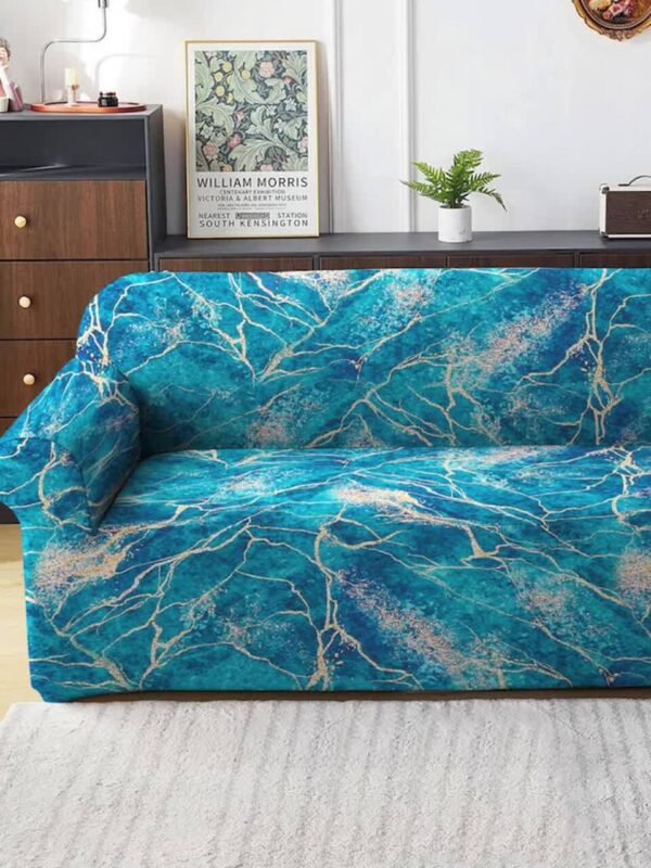 Teal Blue & Yellow Abstract Printed 3-Seater Sofa Cover - Image 5