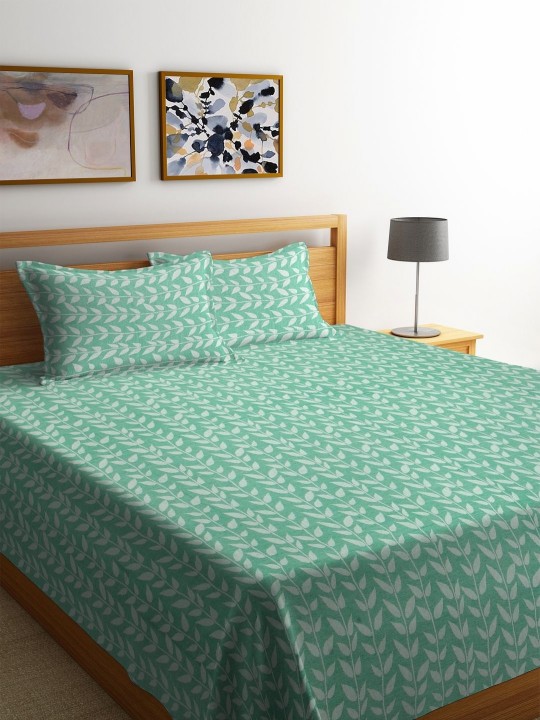 Green & White Printed Cotton Double King Bed Cover - Image 6